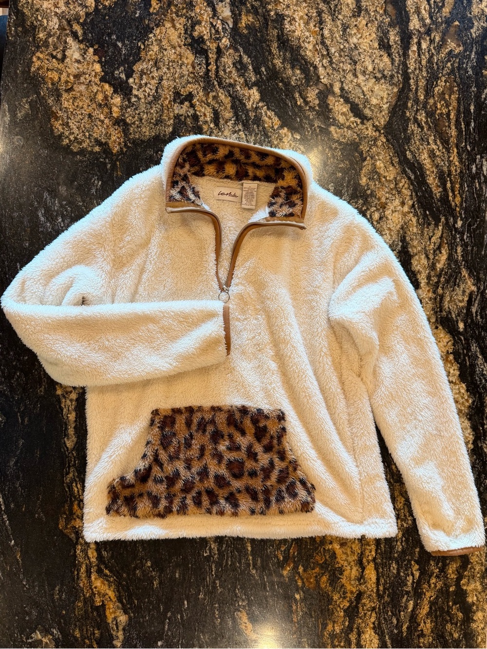 Moda Cream Sherpa Pullover with Leopard Trim